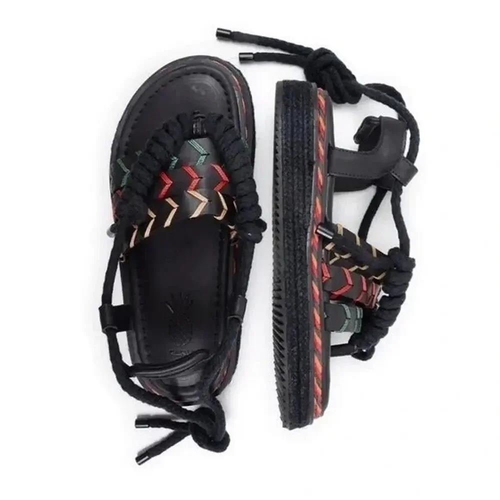 Farm Rio Black Rope Tie Flatform Sandals Women Size 8